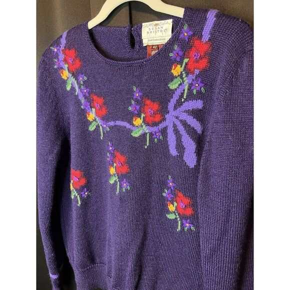 Vintage Susan Bristol Wool Sweater Sz 40 Hand Embroidered Purple Floral Pullover - Picture 5 of 10